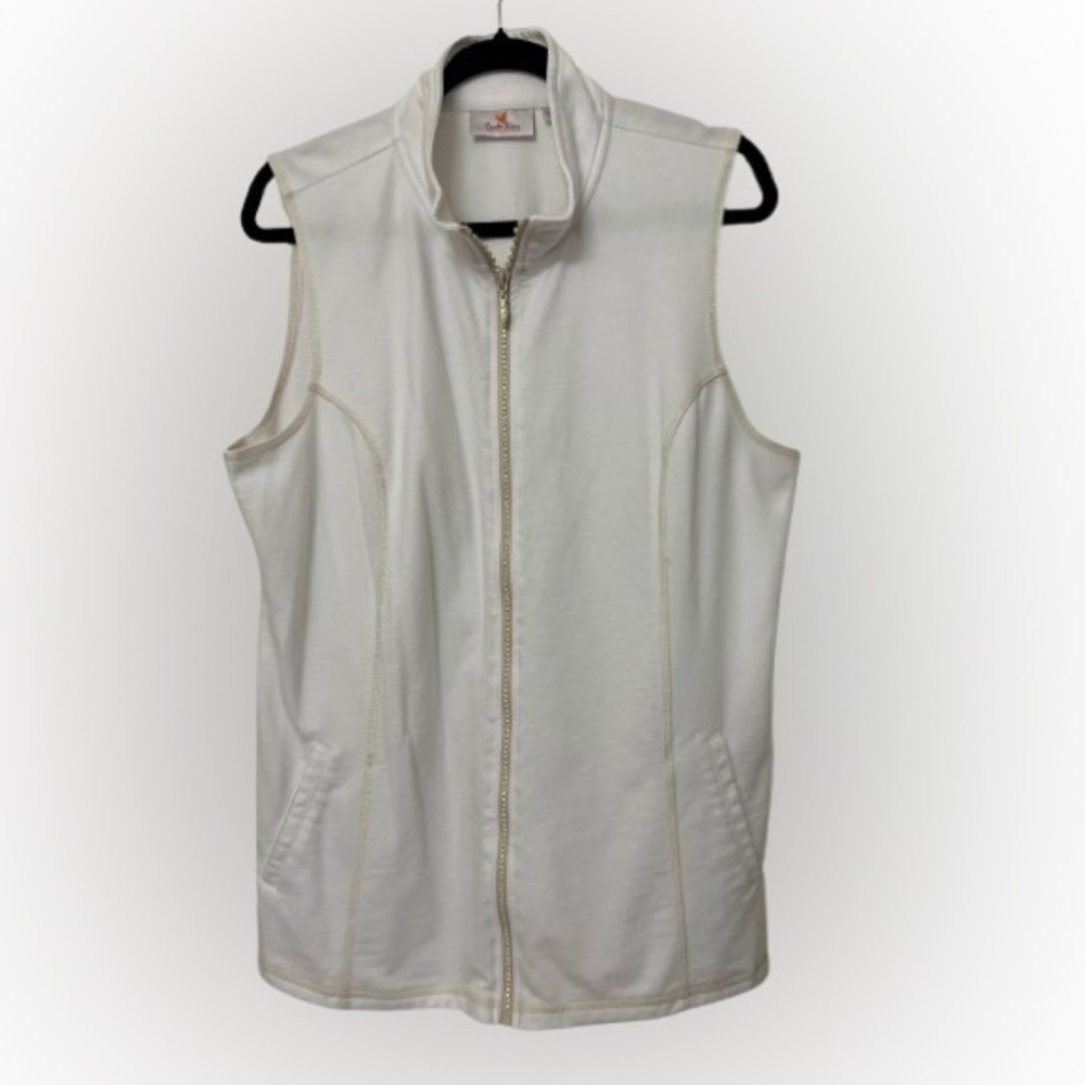 Quacker Factory White French Terry Vest with Rhinestone Zipper Size L